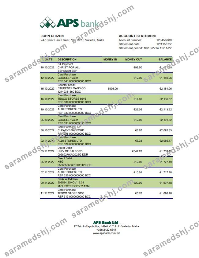 Malta APS bank statement xls